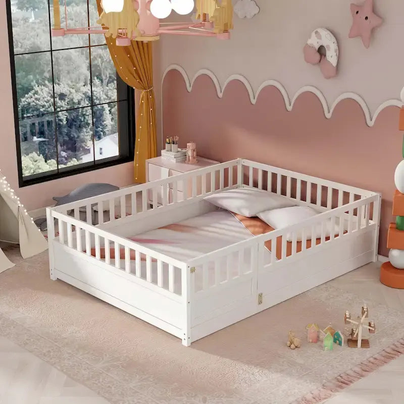Estructura de cama infantil de madera para el suelo con barandillas de seguridad