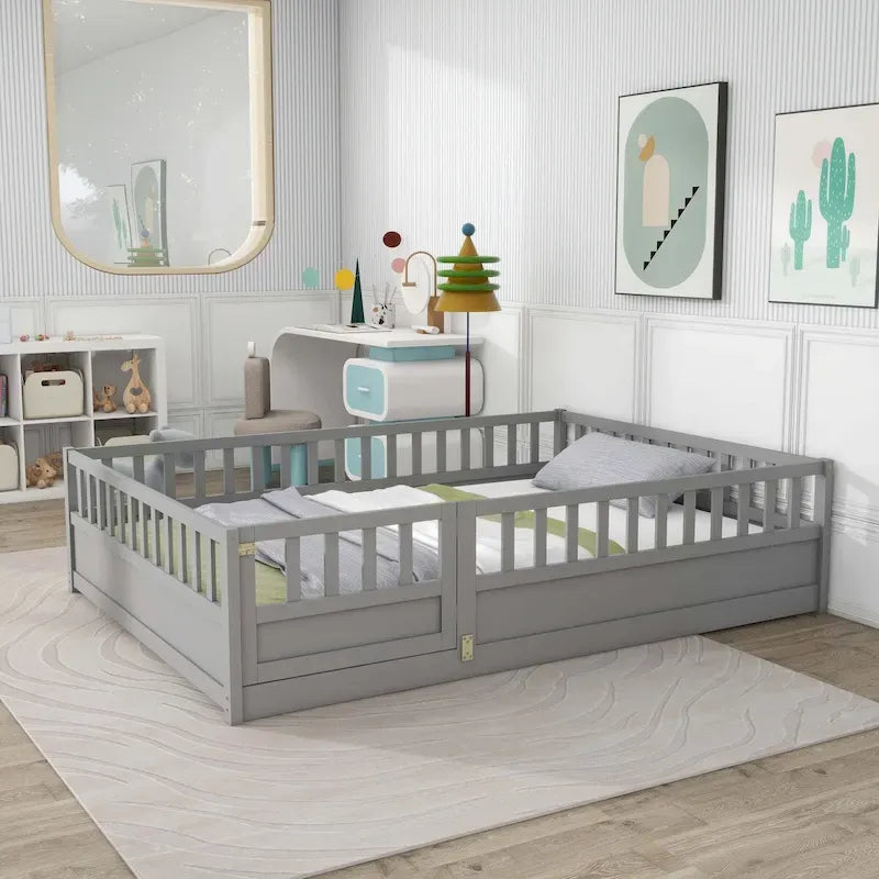 Estructura de cama infantil de madera para el suelo con barandillas de seguridad