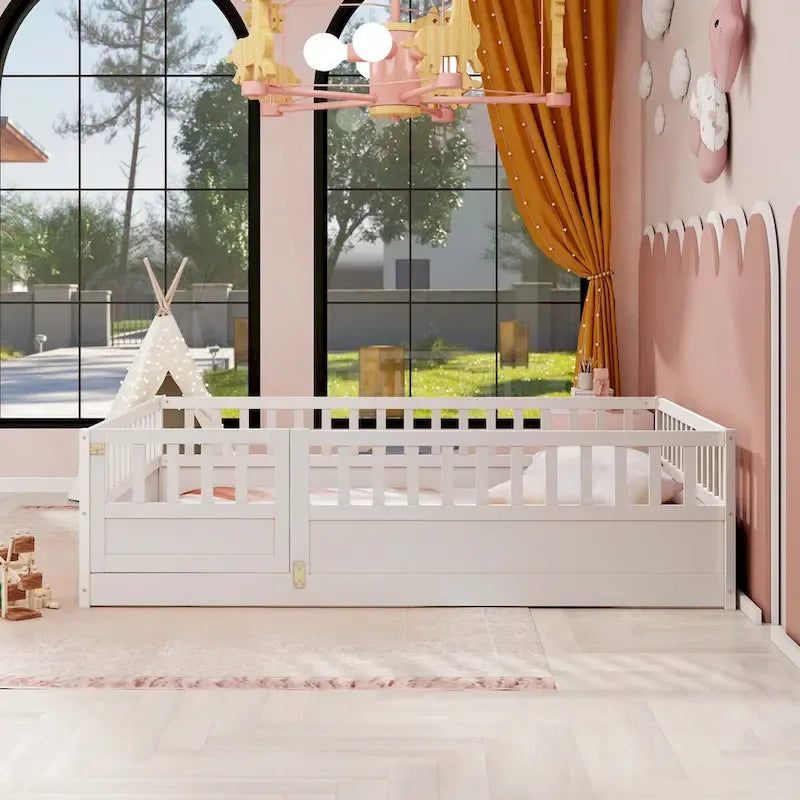 Estructura de cama infantil de madera para el suelo con barandillas de seguridad
