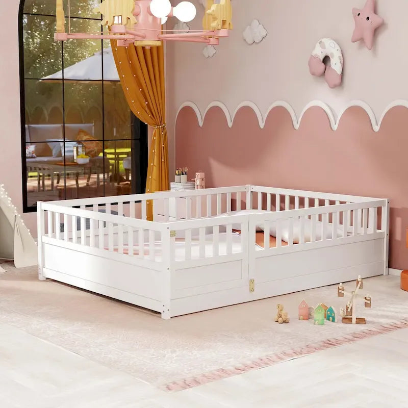 Estructura de cama infantil de madera para el suelo con barandillas de seguridad