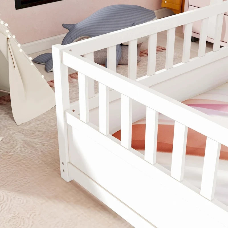 Estructura de cama infantil de madera para el suelo con barandillas de seguridad