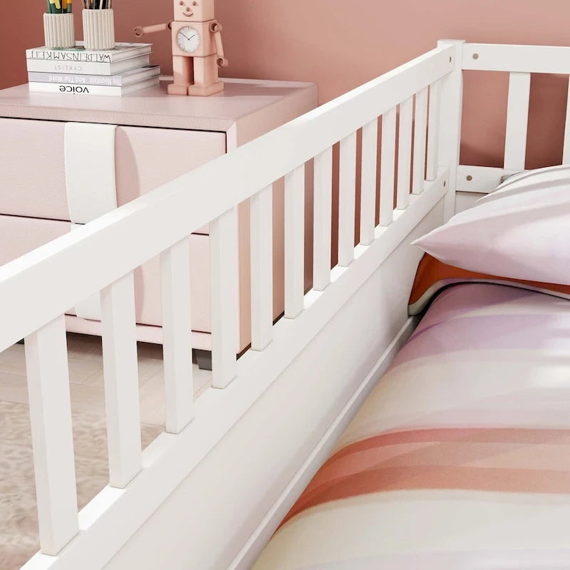 Estructura de cama infantil de madera para el suelo con barandillas de seguridad