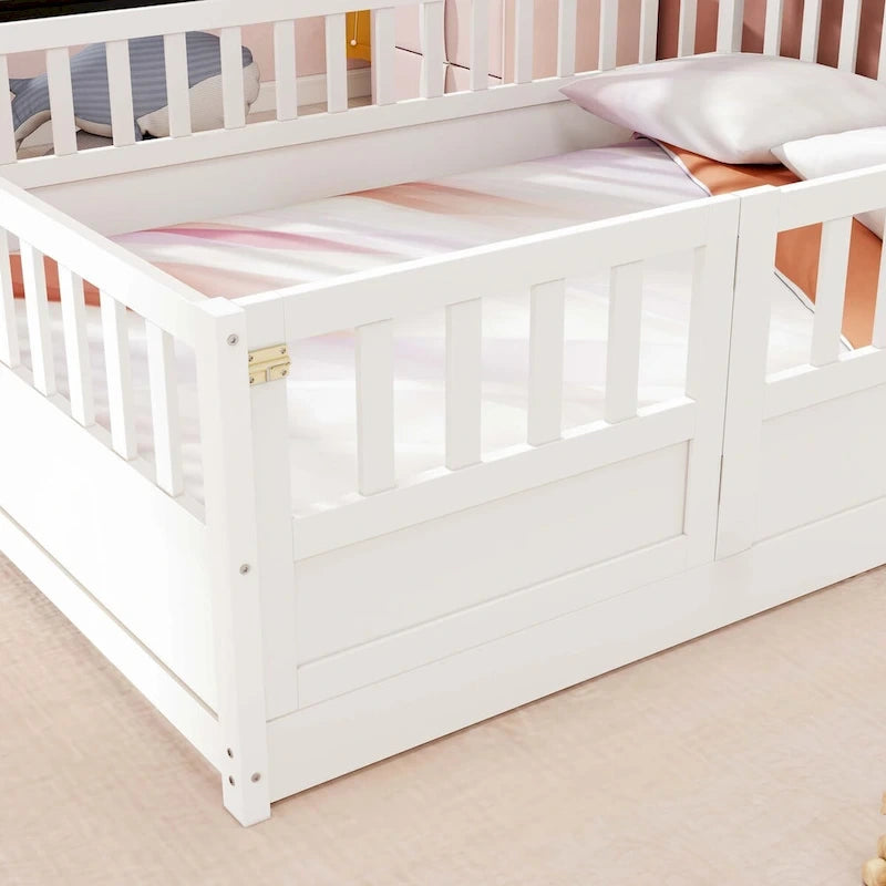 Estructura de cama infantil de madera para el suelo con barandillas de seguridad