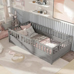 Estructura de cama infantil de madera para el suelo con barandillas de seguridad