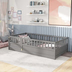 Estructura de cama infantil de madera para el suelo con barandillas de seguridad