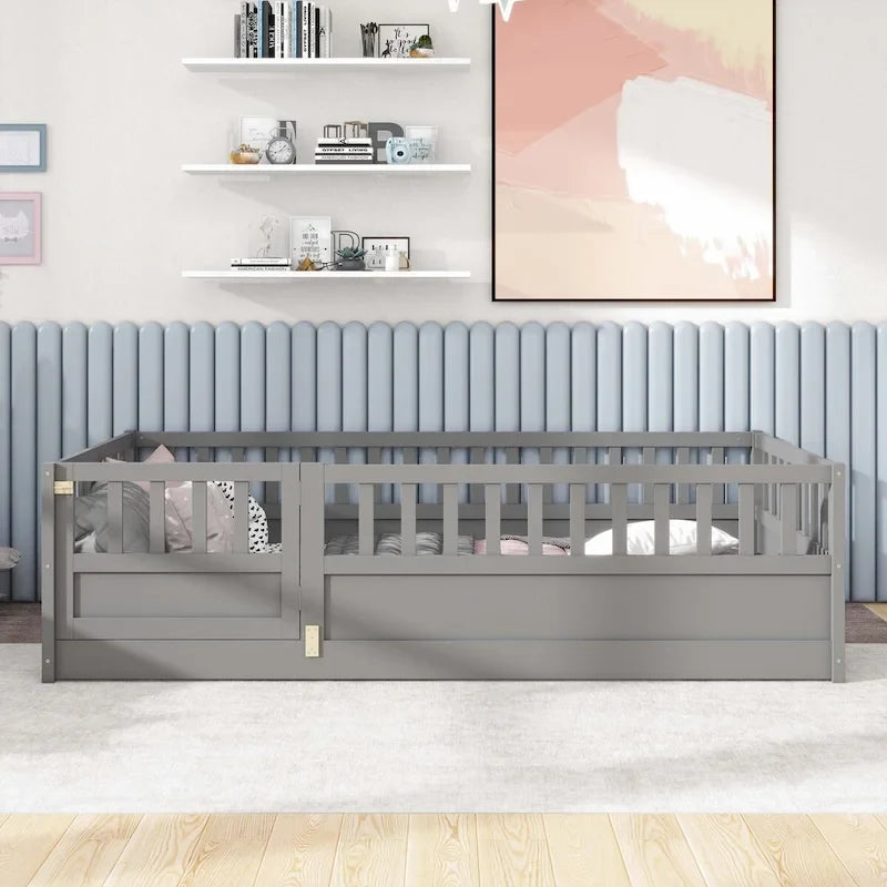 Estructura de cama infantil de madera para el suelo con barandillas de seguridad