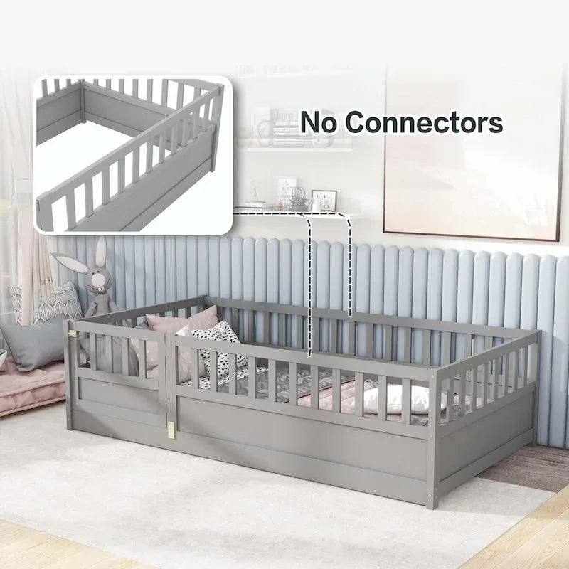 Estructura de cama infantil de madera para el suelo con barandillas de seguridad