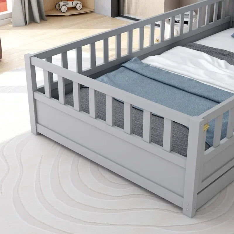 Estructura de cama infantil de madera para el suelo con barandillas de seguridad