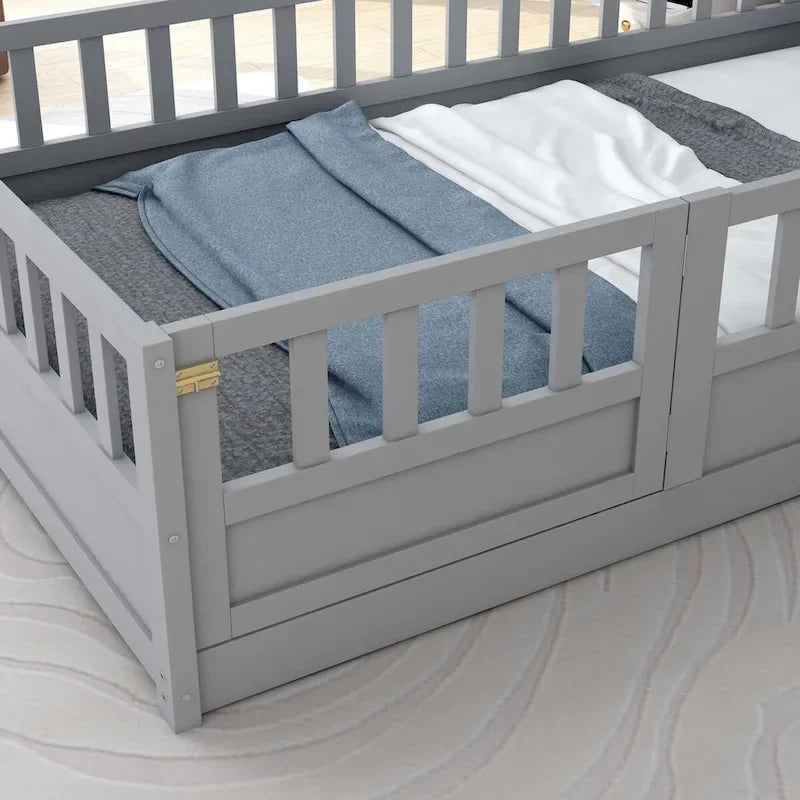 Estructura de cama infantil de madera para el suelo con barandillas de seguridad