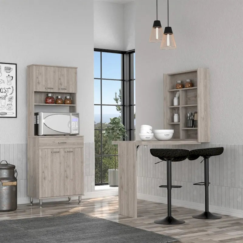 Juego de almacenamiento de cocina de 2 piezas con armario despensa y mesa de pared plegable, gris claro