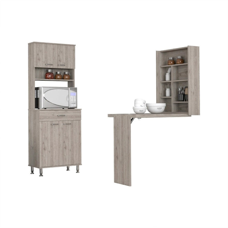 Juego de almacenamiento de cocina de 2 piezas con armario despensa y mesa de pared plegable, gris claro