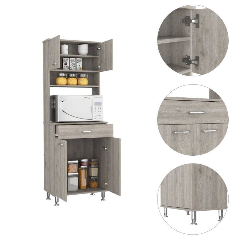 Juego de almacenamiento de cocina de 2 piezas con armario despensa y mesa de pared plegable, gris claro