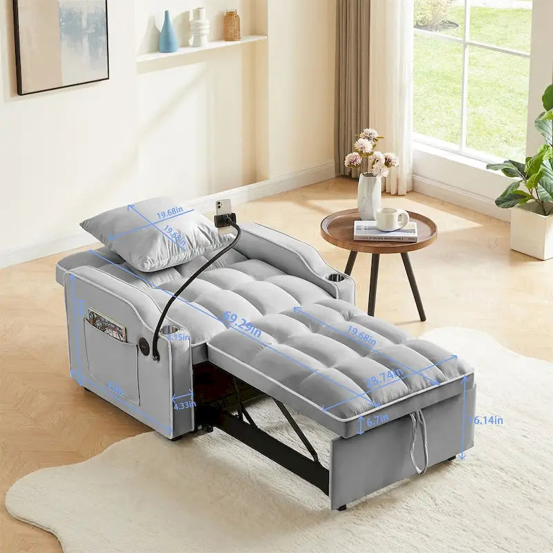Sofá cama convertible con puertos USB y portavasos