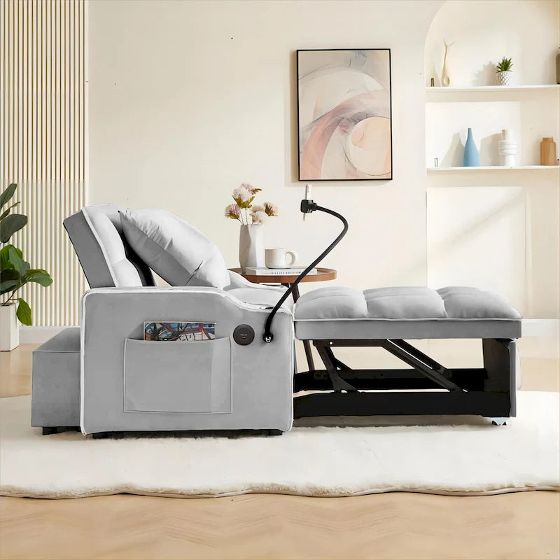 Sofá cama convertible con puertos USB y portavasos