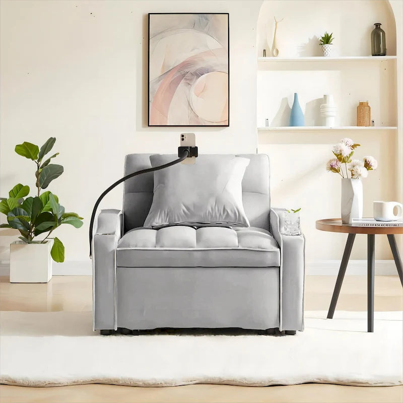 Sofá cama convertible con puertos USB y portavasos