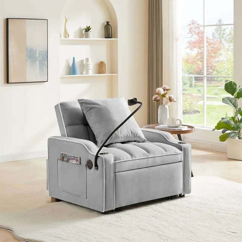Sofá cama convertible con puertos USB y portavasos
