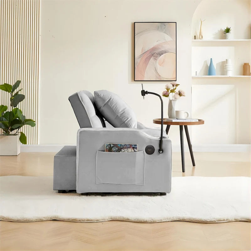 Sofá cama convertible con puertos USB y portavasos