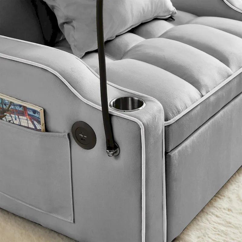 Sofá cama convertible con puertos USB y portavasos