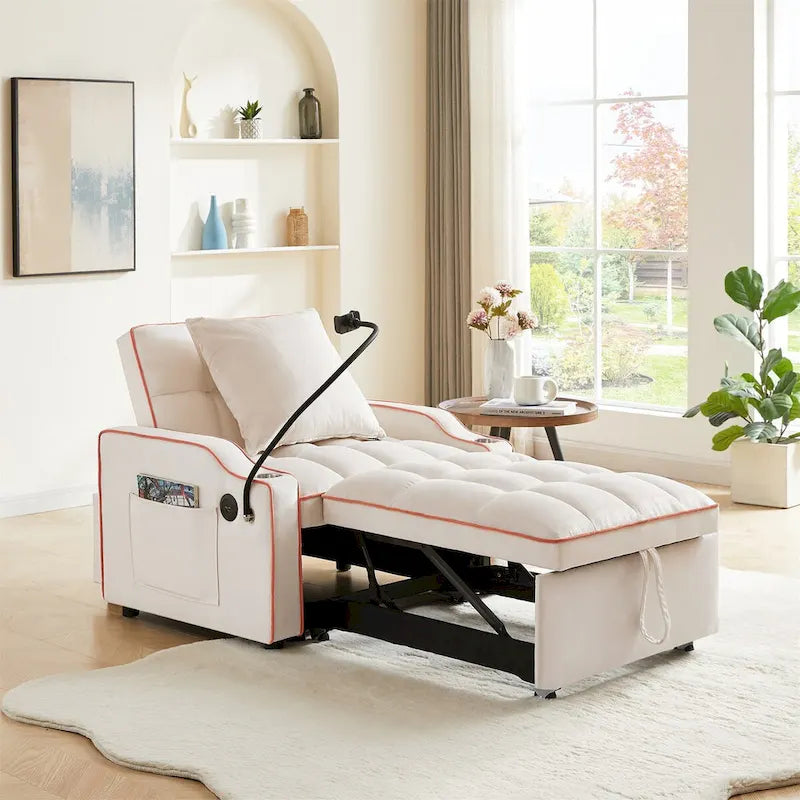 Sofá cama convertible con puertos USB y portavasos