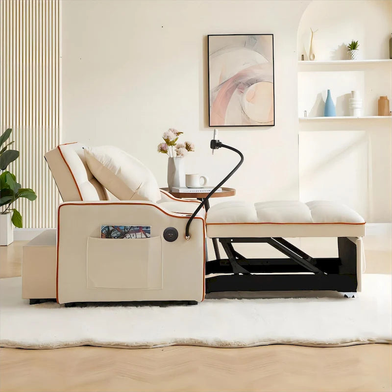 Sofá cama convertible con puertos USB y portavasos