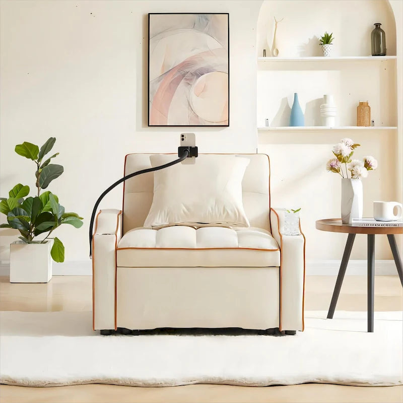 Sofá cama convertible con puertos USB y portavasos