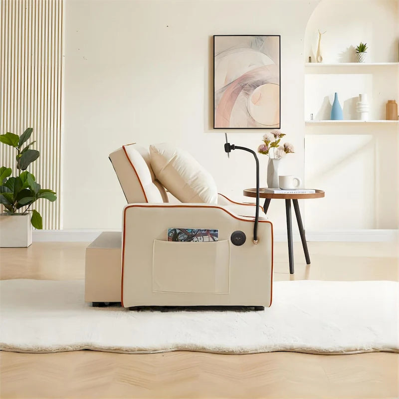 Sofá cama convertible con puertos USB y portavasos