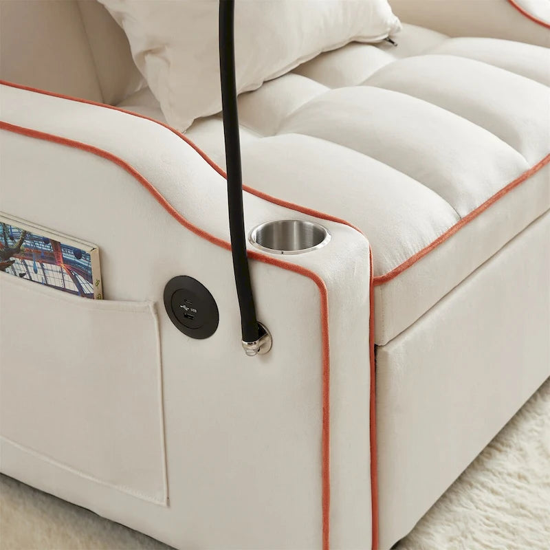 Sofá cama convertible con puertos USB y portavasos