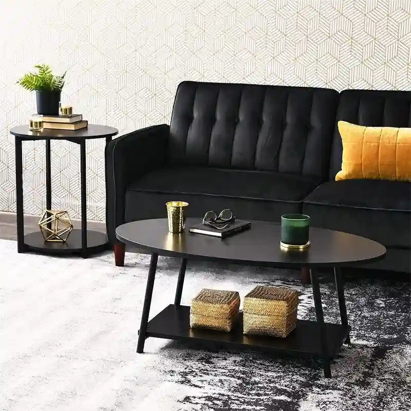 Mesa de centro rústica ovalada con estante de almacenamiento - 23.43D x 39.37W x 16.54H