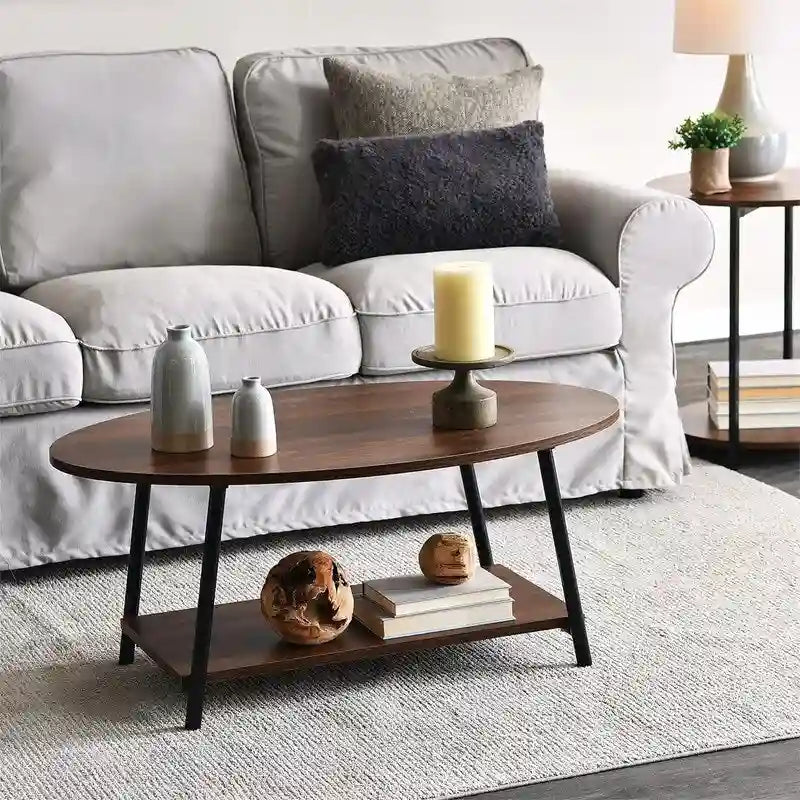 Mesa de centro rústica ovalada con estante de almacenamiento - 23.43D x 39.37W x 16.54H