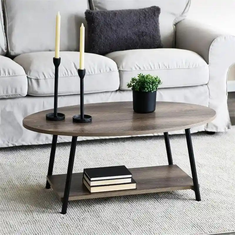 Mesa de centro rústica ovalada con estante de almacenamiento - 23.43D x 39.37W x 16.54H