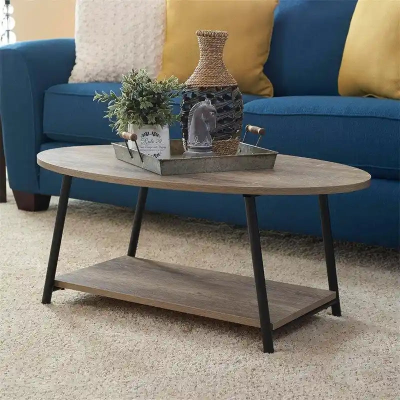 Mesa de centro rústica ovalada con estante de almacenamiento - 23.43D x 39.37W x 16.54H