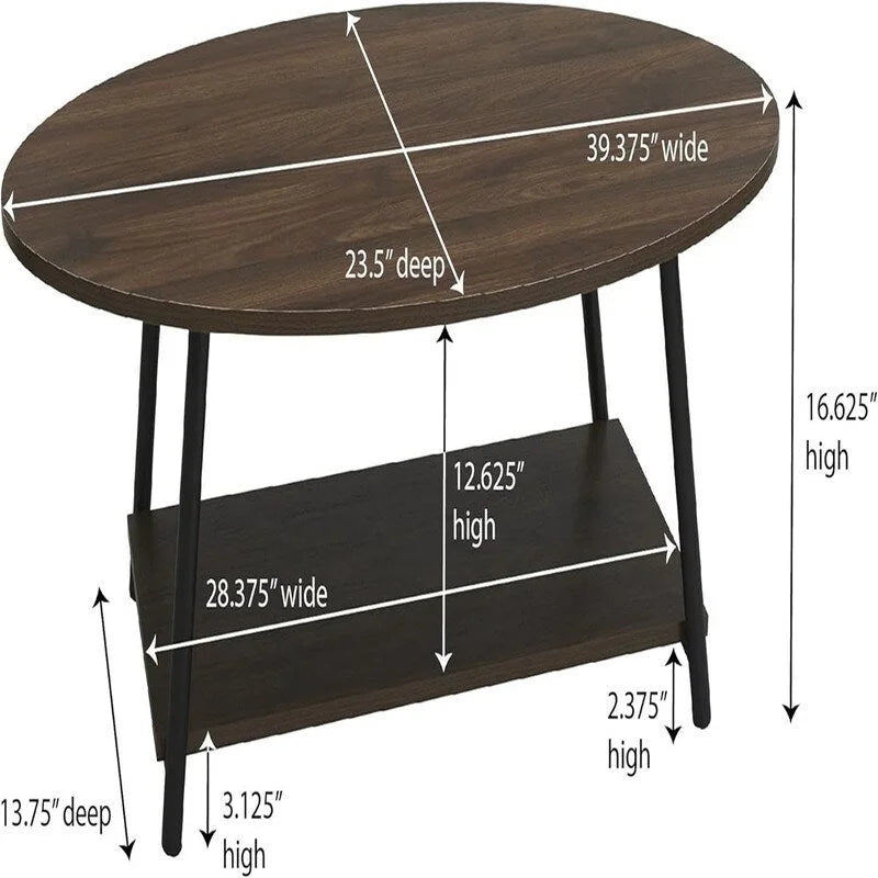 Mesa de centro rústica ovalada con estante de almacenamiento - 23.43D x 39.37W x 16.54H