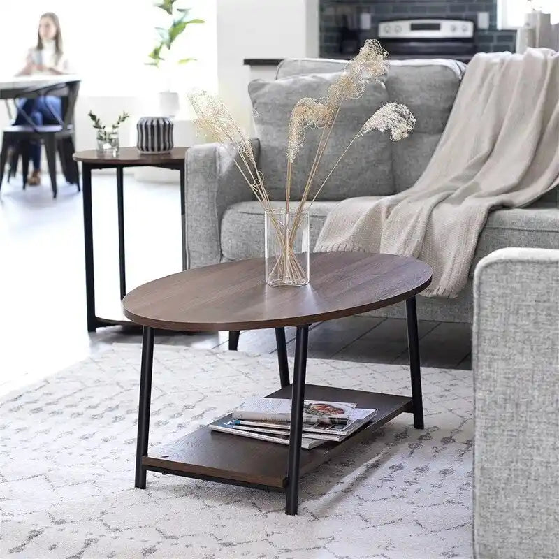 Mesa de centro rústica ovalada con estante de almacenamiento - 23.43D x 39.37W x 16.54H