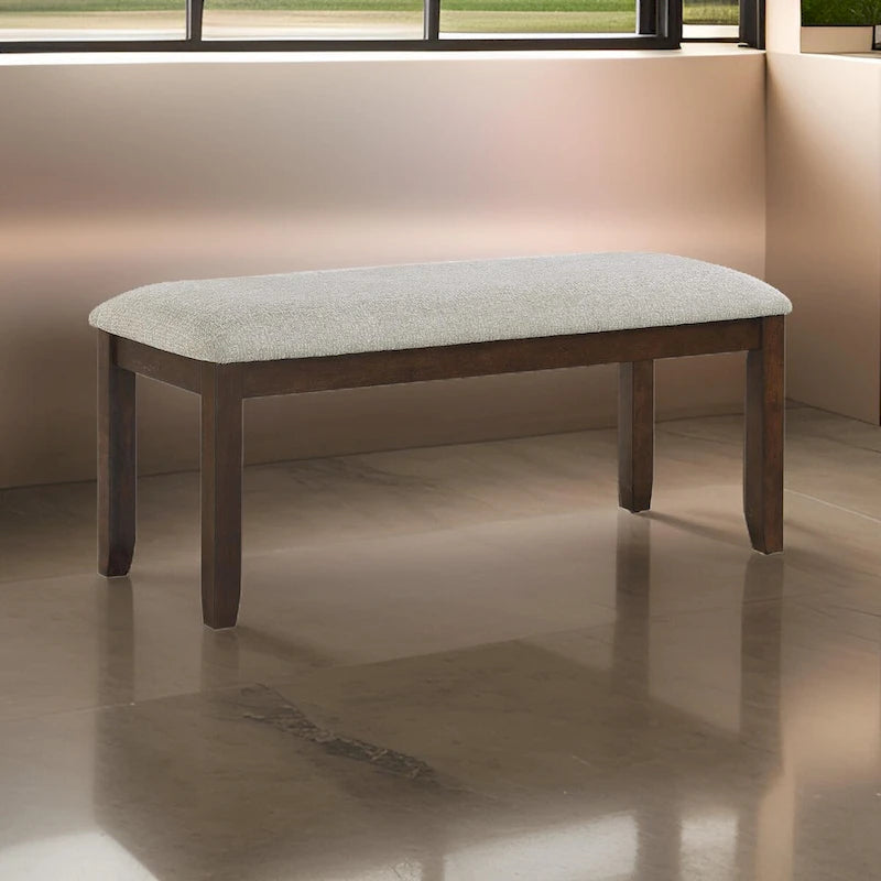 Banco de 43 pulgadas, tapicería de chenilla gris, patas de madera maciza color nogal