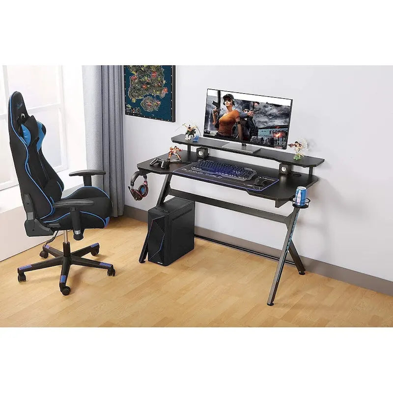 JJS 48 Escritorio para Juegos en Forma de R para Oficina en Casa con Soporte de Monitor Desmontable