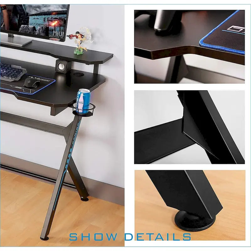 JJS 48 Escritorio para Juegos en Forma de R para Oficina en Casa con Soporte de Monitor Desmontable