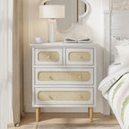 Cómoda de mimbre y ratán, cómoda de 4 cajones, armario de almacenamiento de madera con acabado blanco, aparador bohemio de mediados de siglo costero