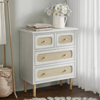 Cómoda de mimbre y ratán, cómoda de 4 cajones, armario de almacenamiento de madera con acabado blanco, aparador bohemio de mediados de siglo costero