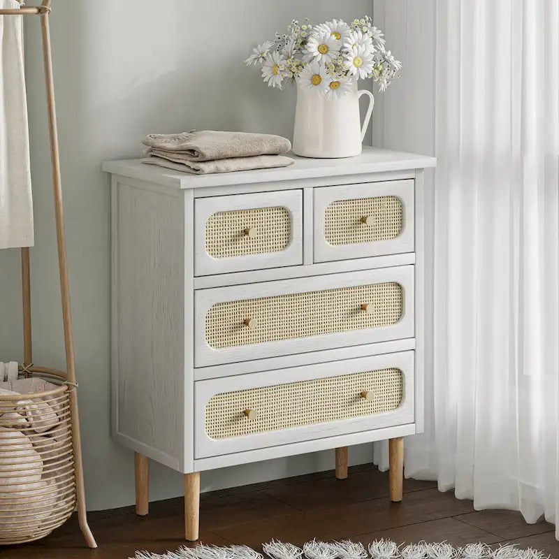 Cómoda de mimbre y ratán, cómoda de 4 cajones, armario de almacenamiento de madera con acabado blanco, aparador bohemio de mediados de siglo costero