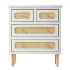 Cómoda de mimbre y ratán, cómoda de 4 cajones, armario de almacenamiento de madera con acabado blanco, aparador bohemio de mediados de siglo costero