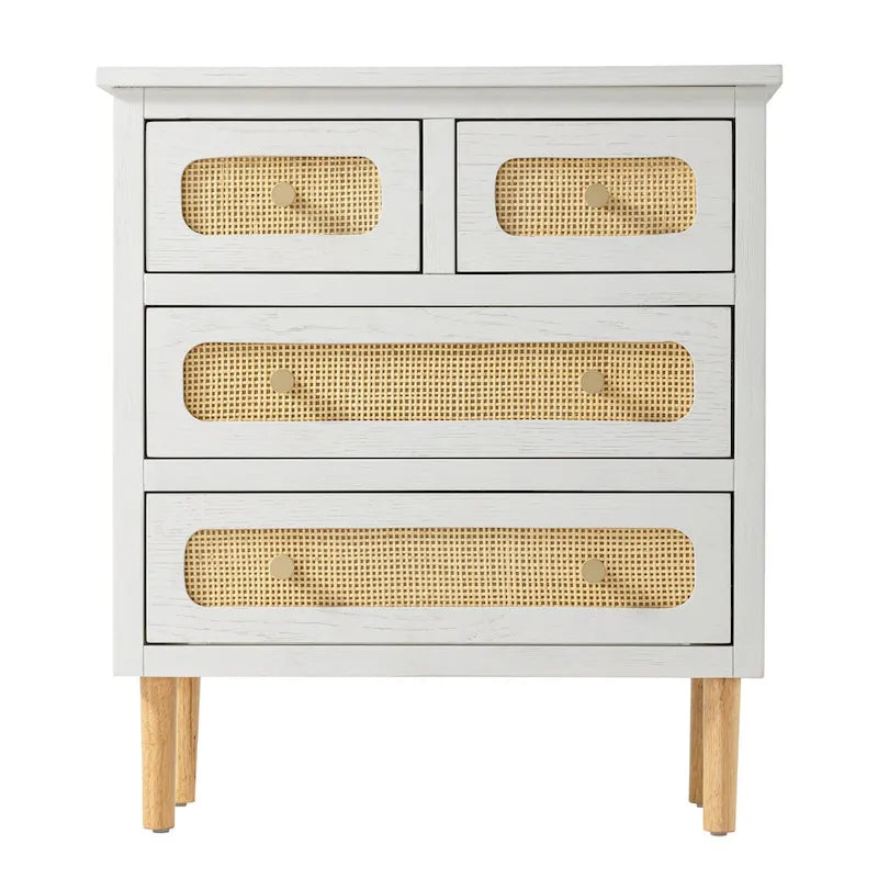 Cómoda de mimbre y ratán, cómoda de 4 cajones, armario de almacenamiento de madera con acabado blanco, aparador bohemio de mediados de siglo costero