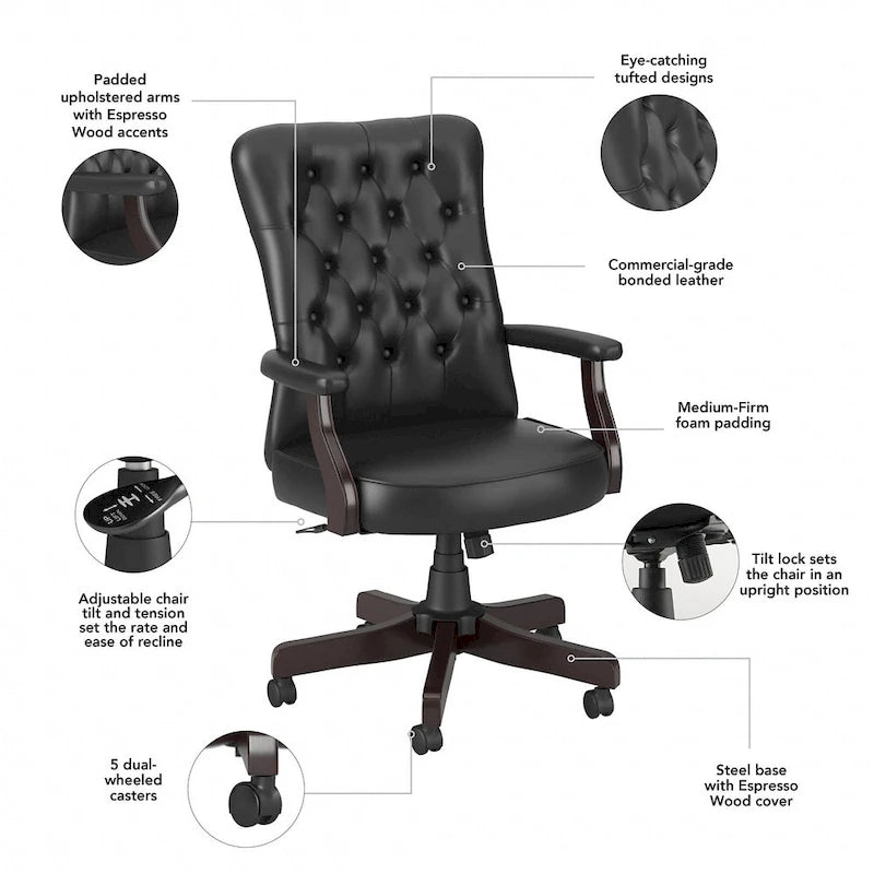 Sillón de oficina con respaldo alto, capitoné y reposabrazos